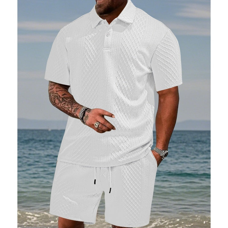 Men’s Diamond Pattern Turn-Down Collar Short Sleeve Top & Drawstring Shorts 2-Piece Set