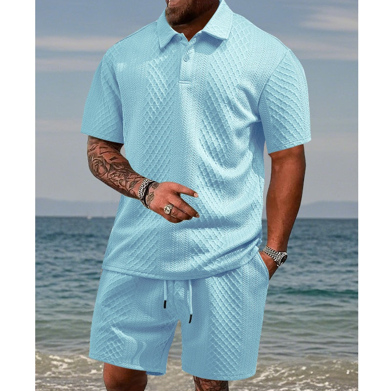 Men’s Diamond Pattern Turn-Down Collar Short Sleeve Top & Drawstring Shorts 2-Piece Set