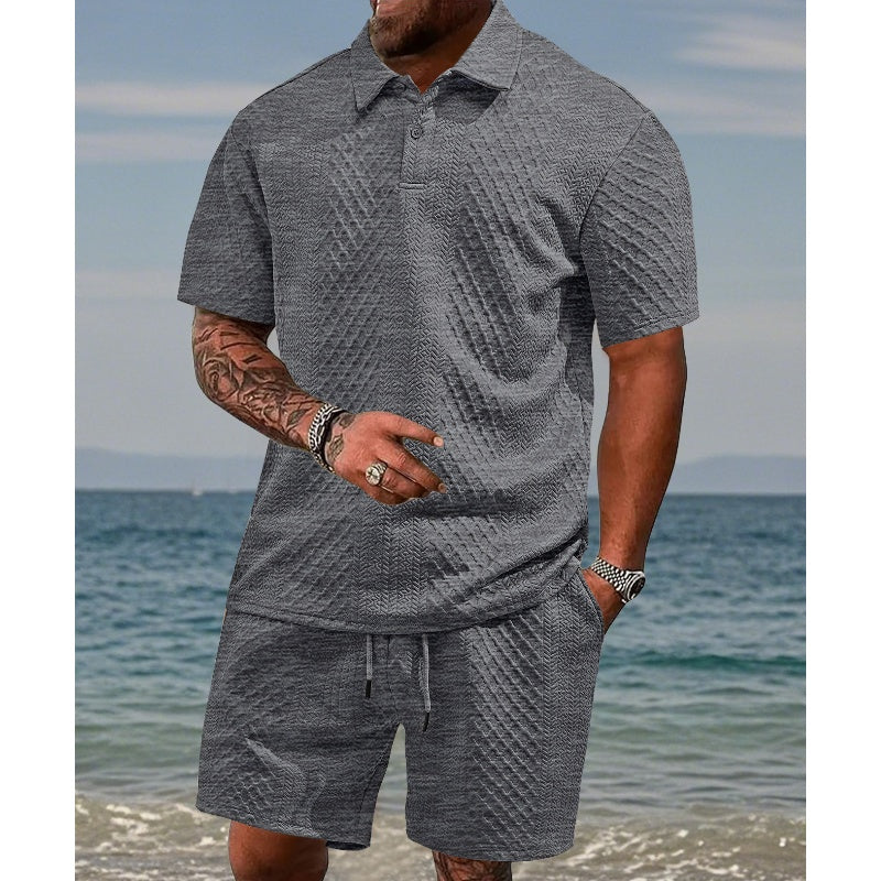 Men’s Diamond Pattern Turn-Down Collar Short Sleeve Top & Drawstring Shorts 2-Piece Set