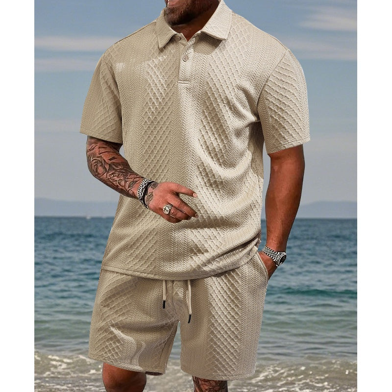 Men’s Diamond Pattern Turn-Down Collar Short Sleeve Top & Drawstring Shorts 2-Piece Set