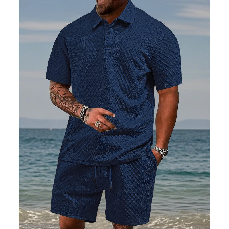 Men’s Diamond Pattern Turn-Down Collar Short Sleeve Top & Drawstring Shorts 2-Piece Set