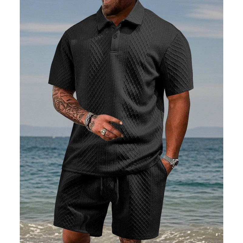 Men’s Diamond Pattern Turn-Down Collar Short Sleeve Top & Drawstring Shorts 2-Piece Set