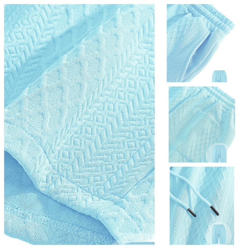 Men’s Diamond Pattern Turn-Down Collar Short Sleeve Top & Drawstring Shorts 2-Piece Set